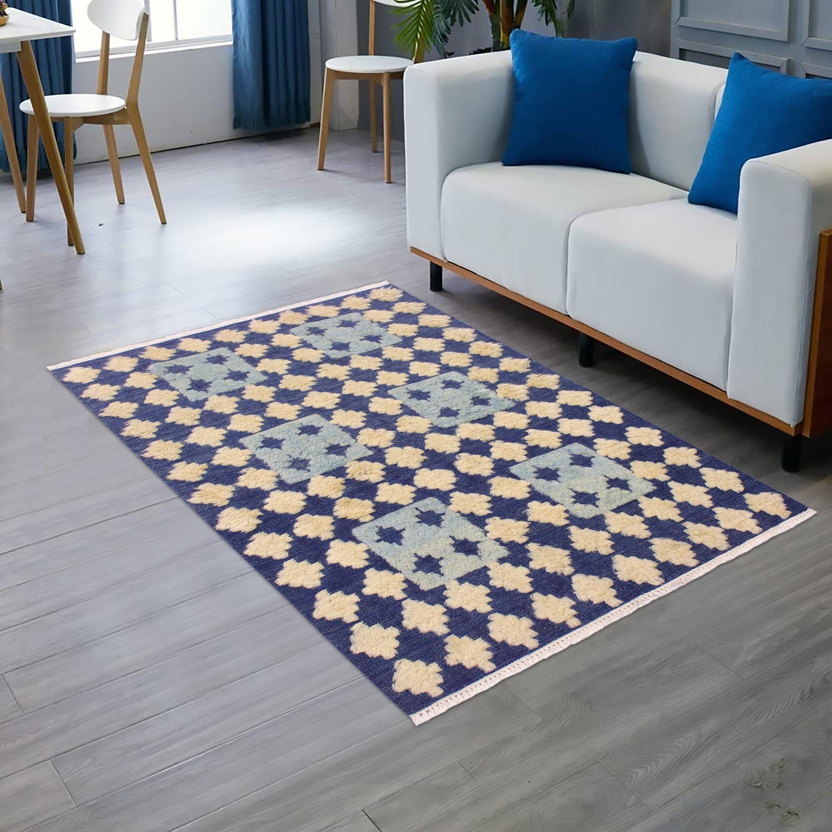 handmade Geometric Moroccan Hi Blue Ivory Hand Knotted RECTANGLE 100% WOOL area rug 4' x 6'