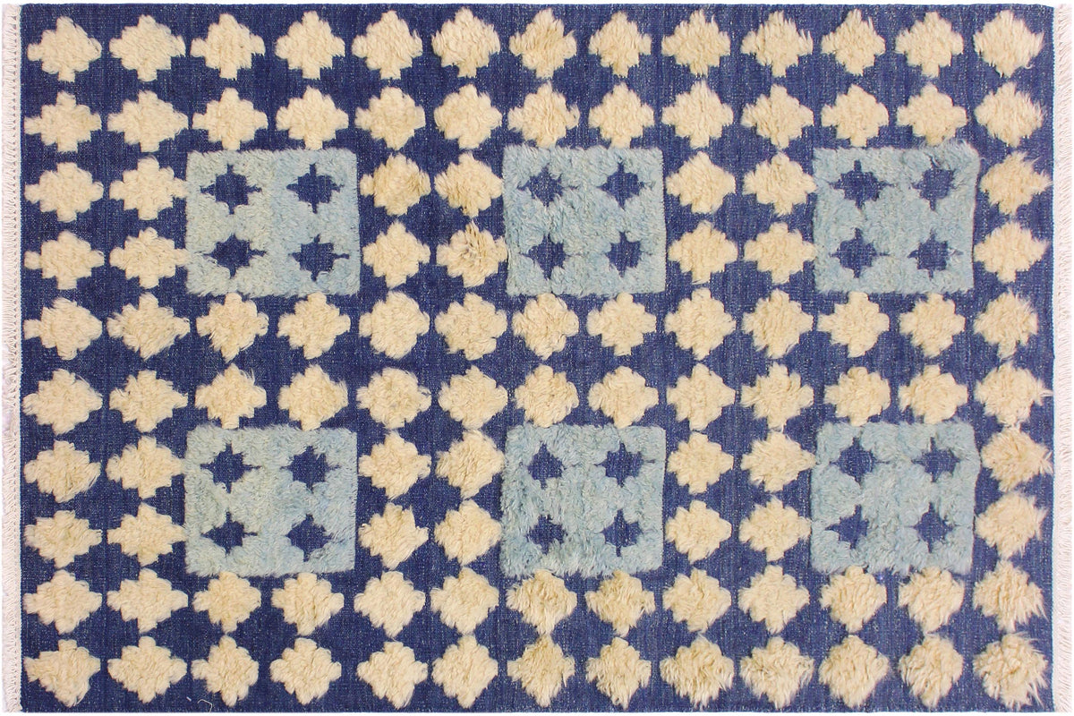 handmade Geometric Moroccan Hi Blue Ivory Hand Knotted RECTANGLE 100% WOOL area rug 4' x 6'