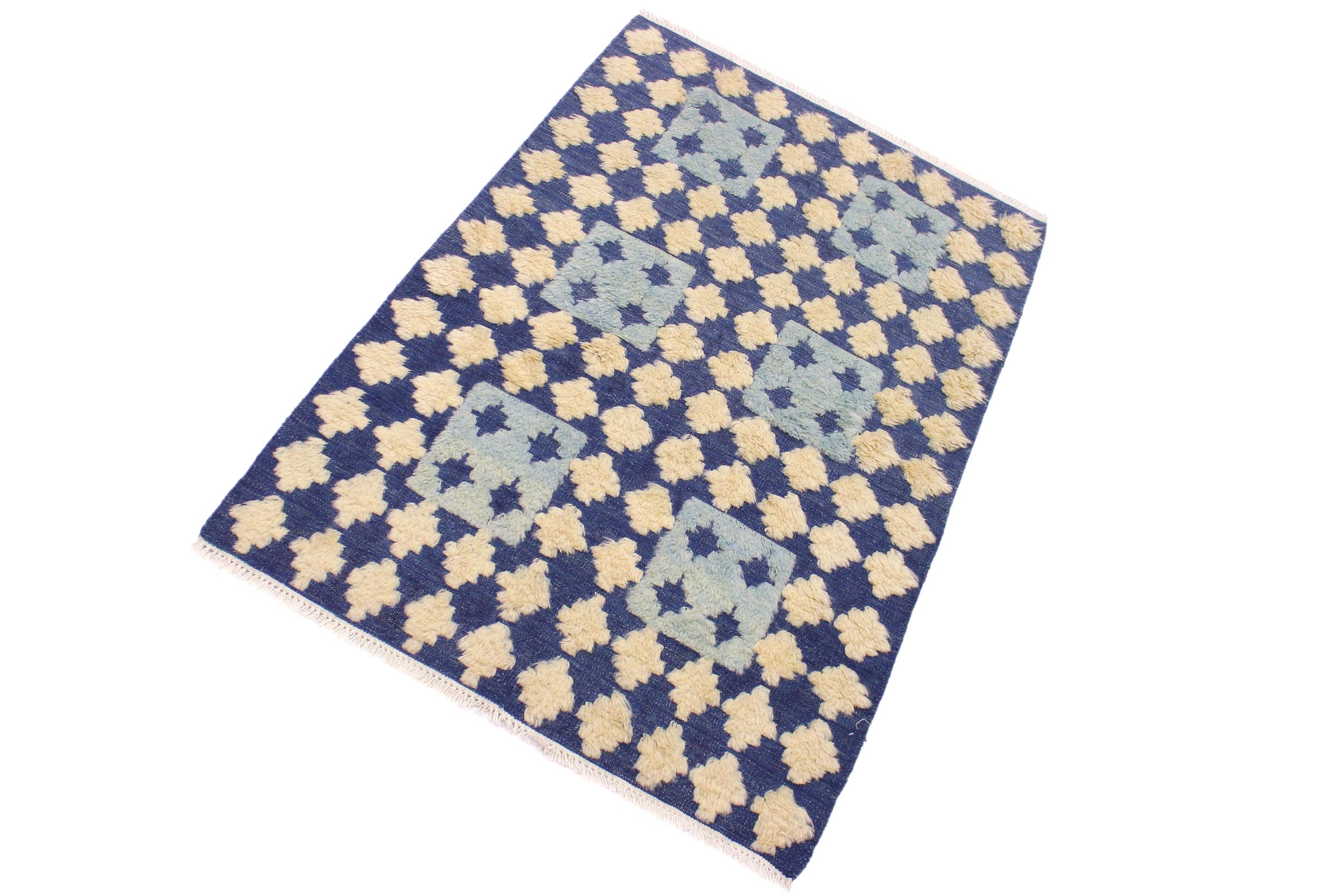 handmade Geometric Moroccan Hi Blue Ivory Hand Knotted RECTANGLE 100% WOOL area rug 4' x 6'