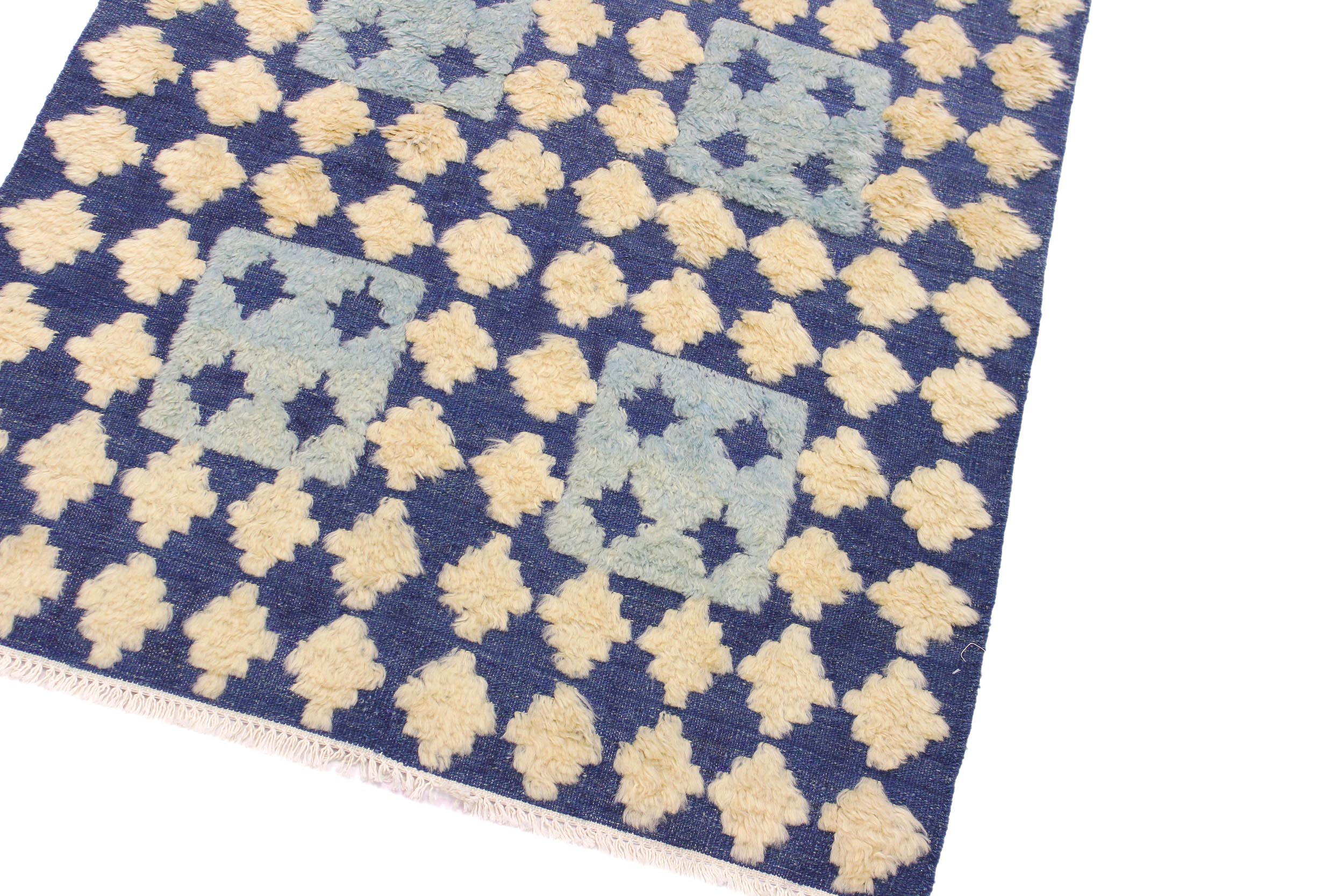 handmade Geometric Moroccan Hi Blue Ivory Hand Knotted RECTANGLE 100% WOOL area rug 4' x 6'