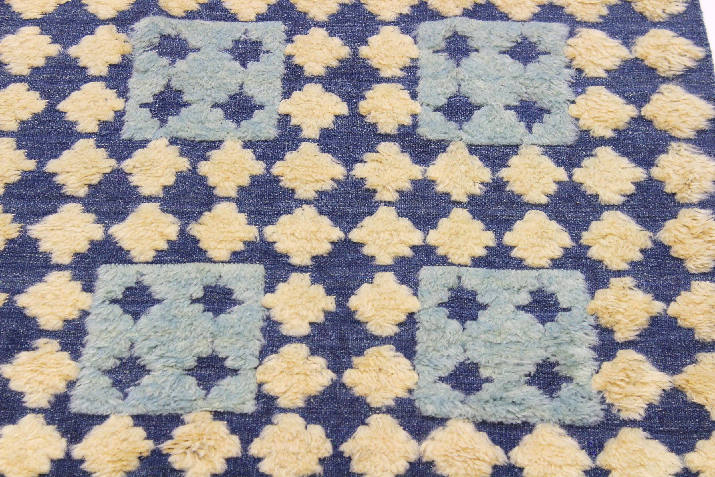 handmade Geometric Moroccan Hi Blue Ivory Hand Knotted RECTANGLE 100% WOOL area rug 4' x 6'