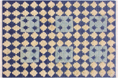 handmade Geometric Moroccan Hi Blue Ivory Hand Knotted RECTANGLE 100% WOOL area rug 4' x 6'