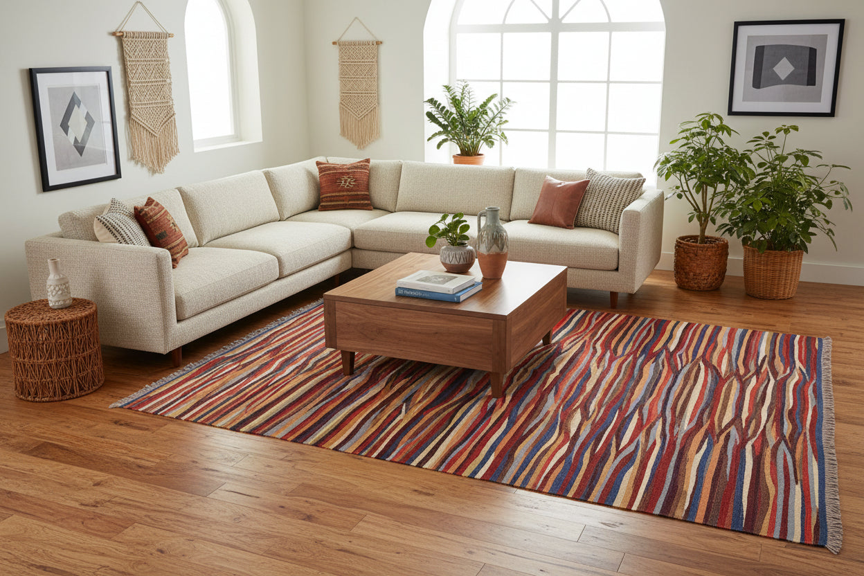 handmade Modern Kilim Red Blue Hand-Woven RECTANGLE 100% WOOL area rug 6x8