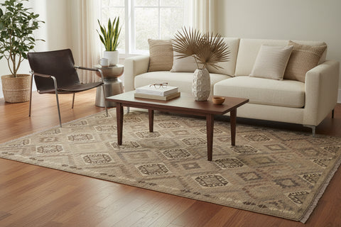 handmade Modern Kilim Tan Gray Hand-Woven RECTANGLE 100% WOOL area rug 6 x 8