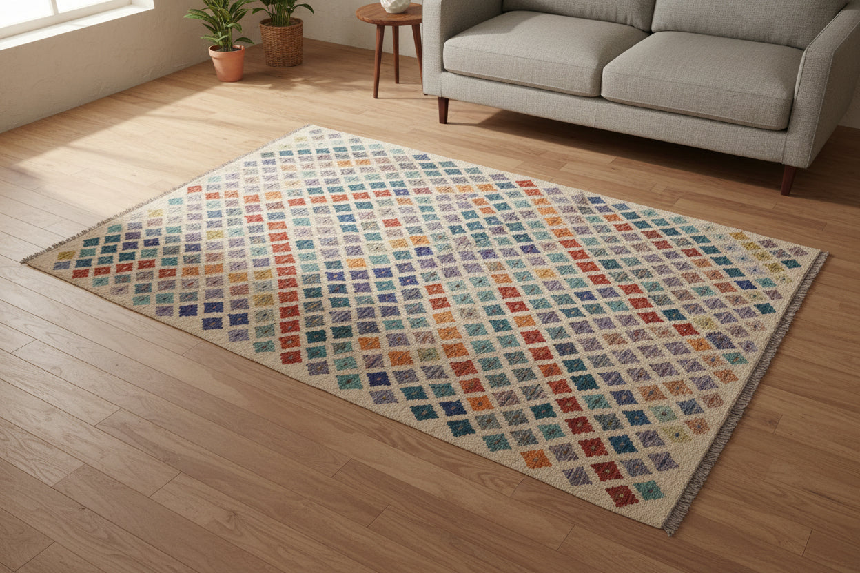 handmade Modern Kilim Beige Rust Hand-Woven RECTANGLE 100% WOOL area rug 5x7