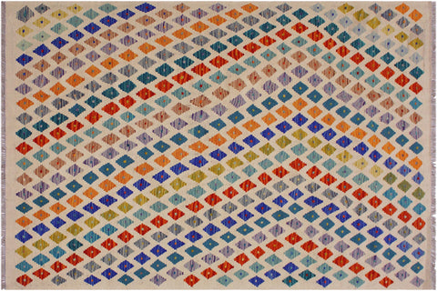 handmade Modern Kilim Beige Rust Hand-Woven RECTANGLE 100% WOOL area rug 5x7