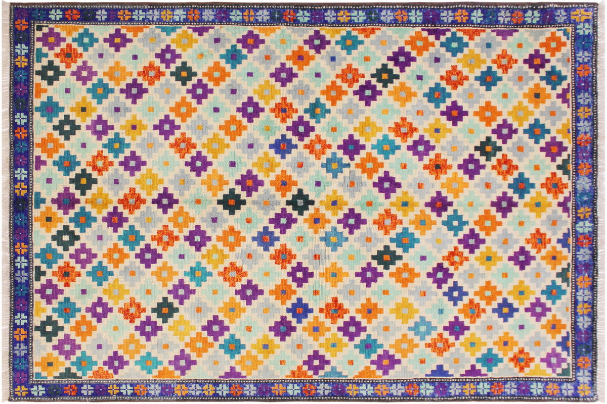 handmade Modern Balouchi Beige Blue Hand Knotted RECTANGLE 100% WOOL area rug 6x8