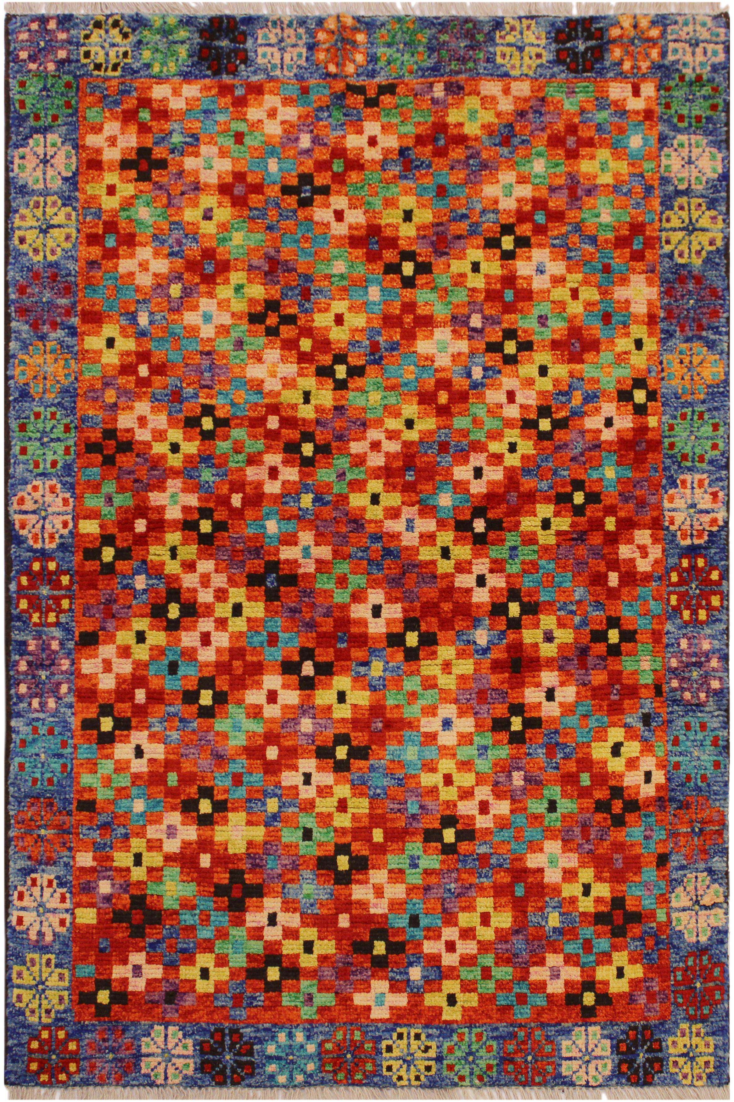 Tribal Balochi Franches Orange/Blue Wool Rug - 3'4''X4'11''