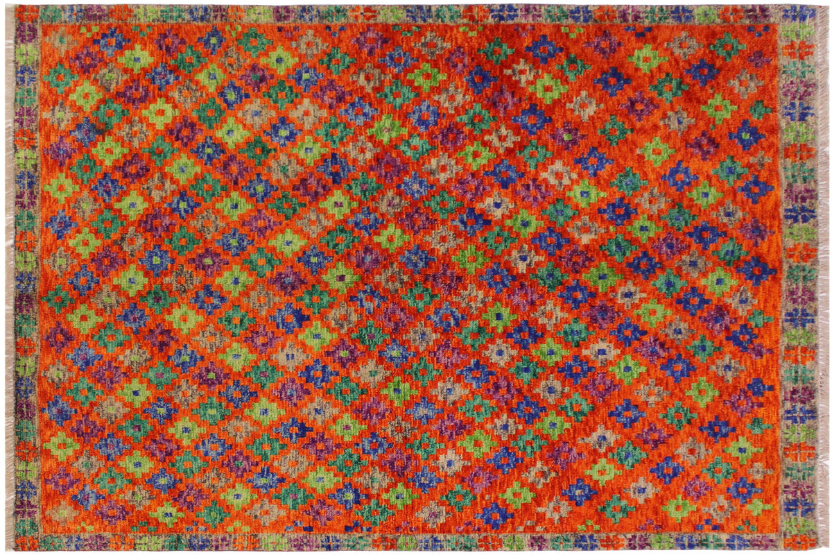 handmade Modern Balouchi Orange Green Hand Knotted RECTANGLE 100% WOOL area rug 5x6
