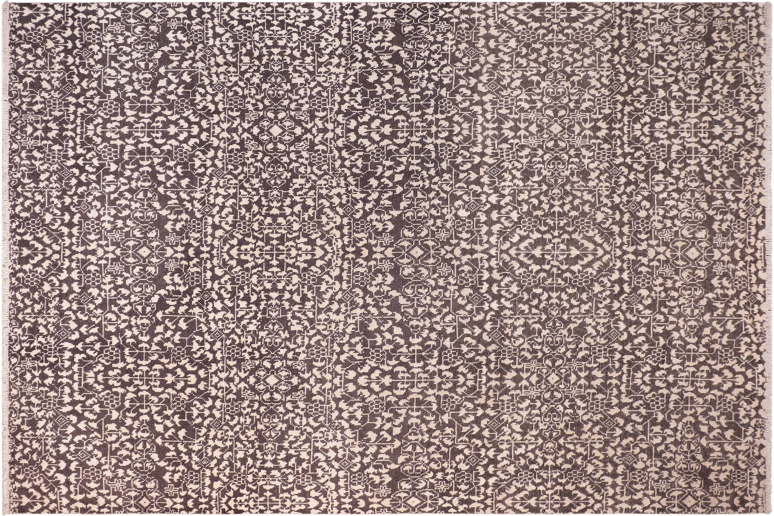 handmade Traditional Ellie Black Ivory Hand Knotted RECTANGLE WOOL&SILK area rug 4' x 6'