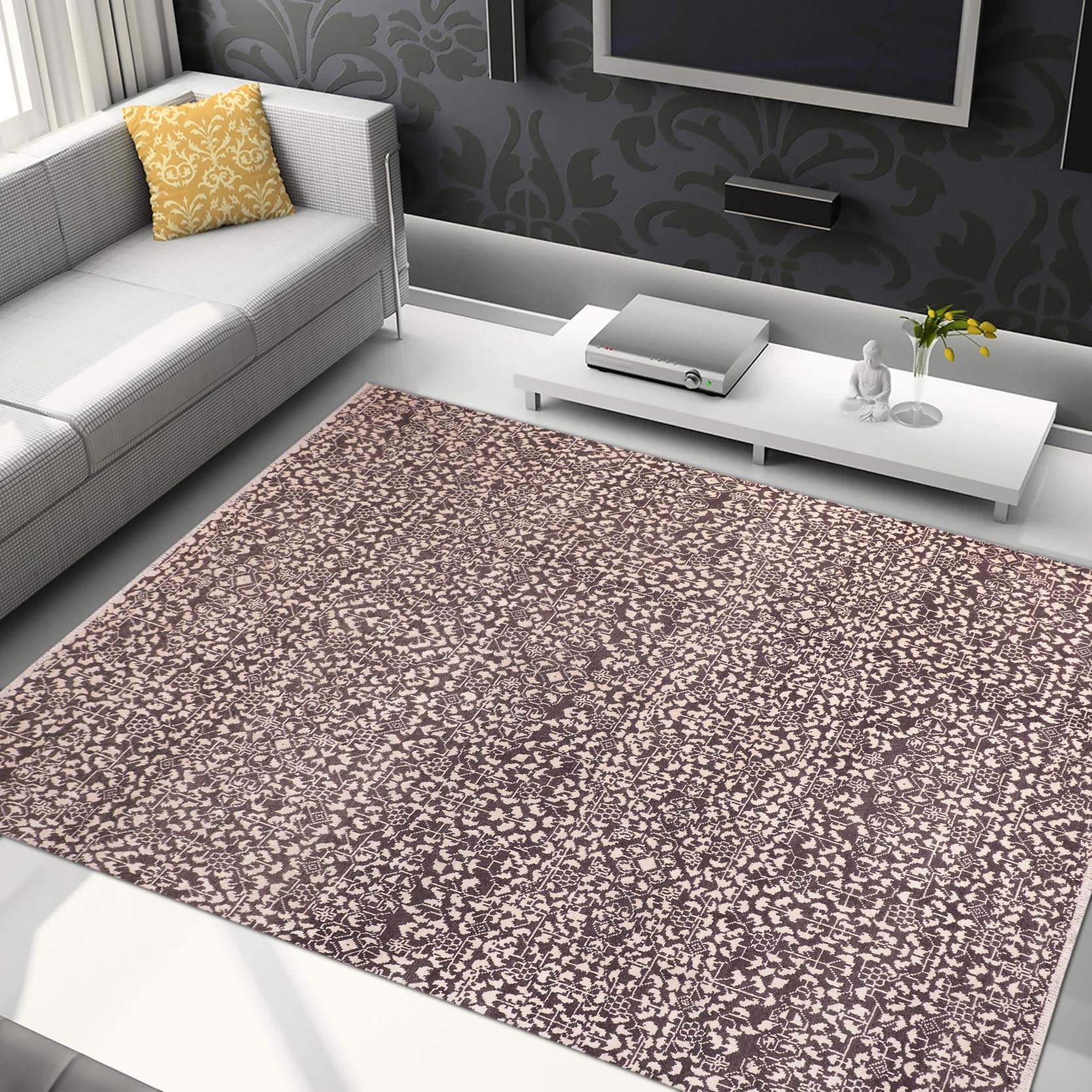 handmade Traditional Ellie Black Ivory Hand Knotted RECTANGLE WOOL&SILK area rug 4' x 6'