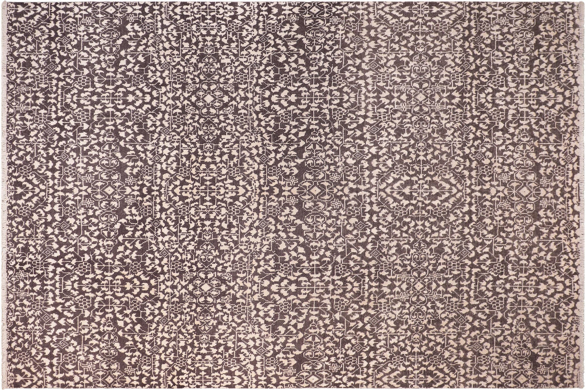 handmade Traditional Ellie Black Ivory Hand Knotted RECTANGLE WOOL&SILK area rug 4' x 6'