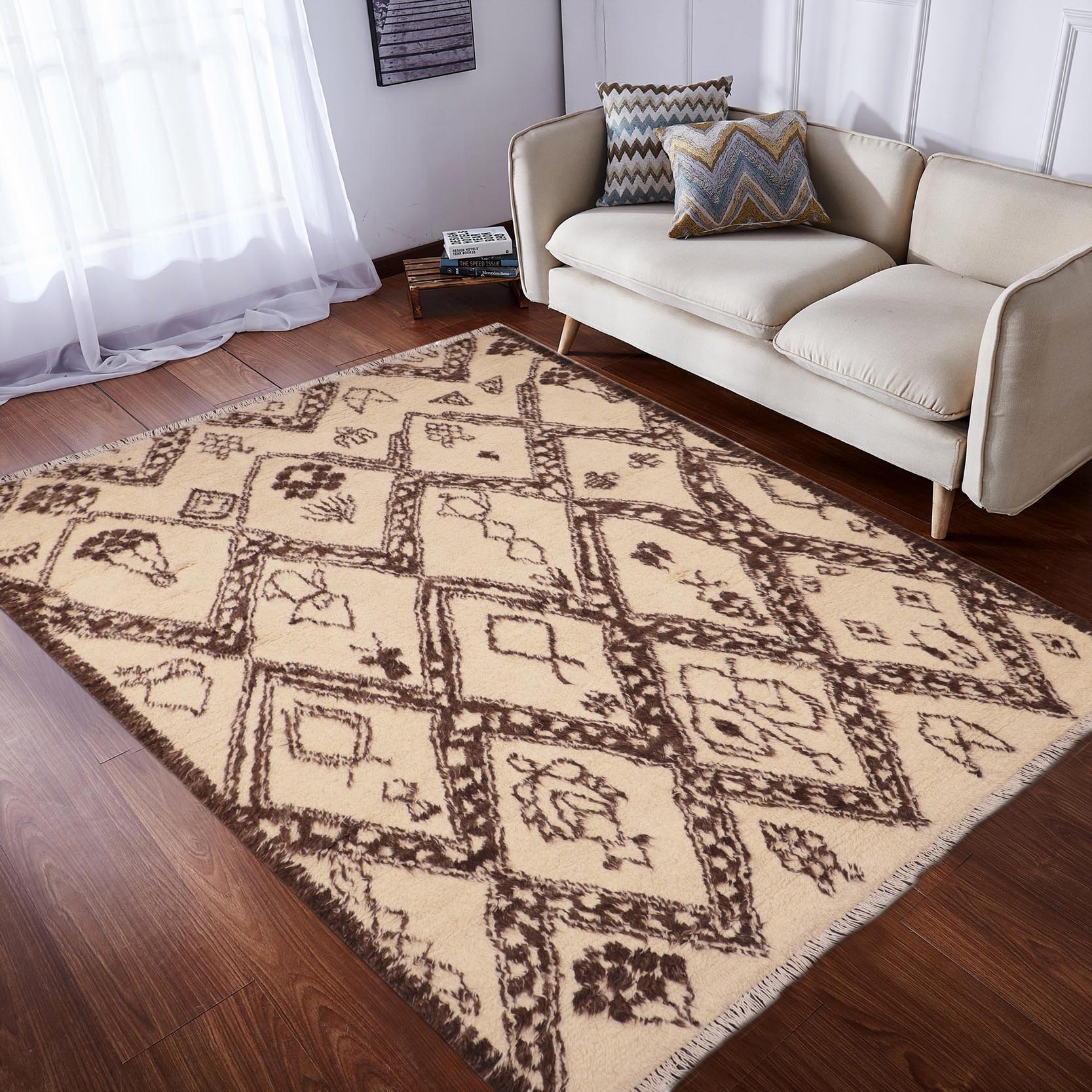 handmade Geometric Moroccan Beige Brown Hand Knotted RECTANGLE 100% WOOL area rug 6' x 9'