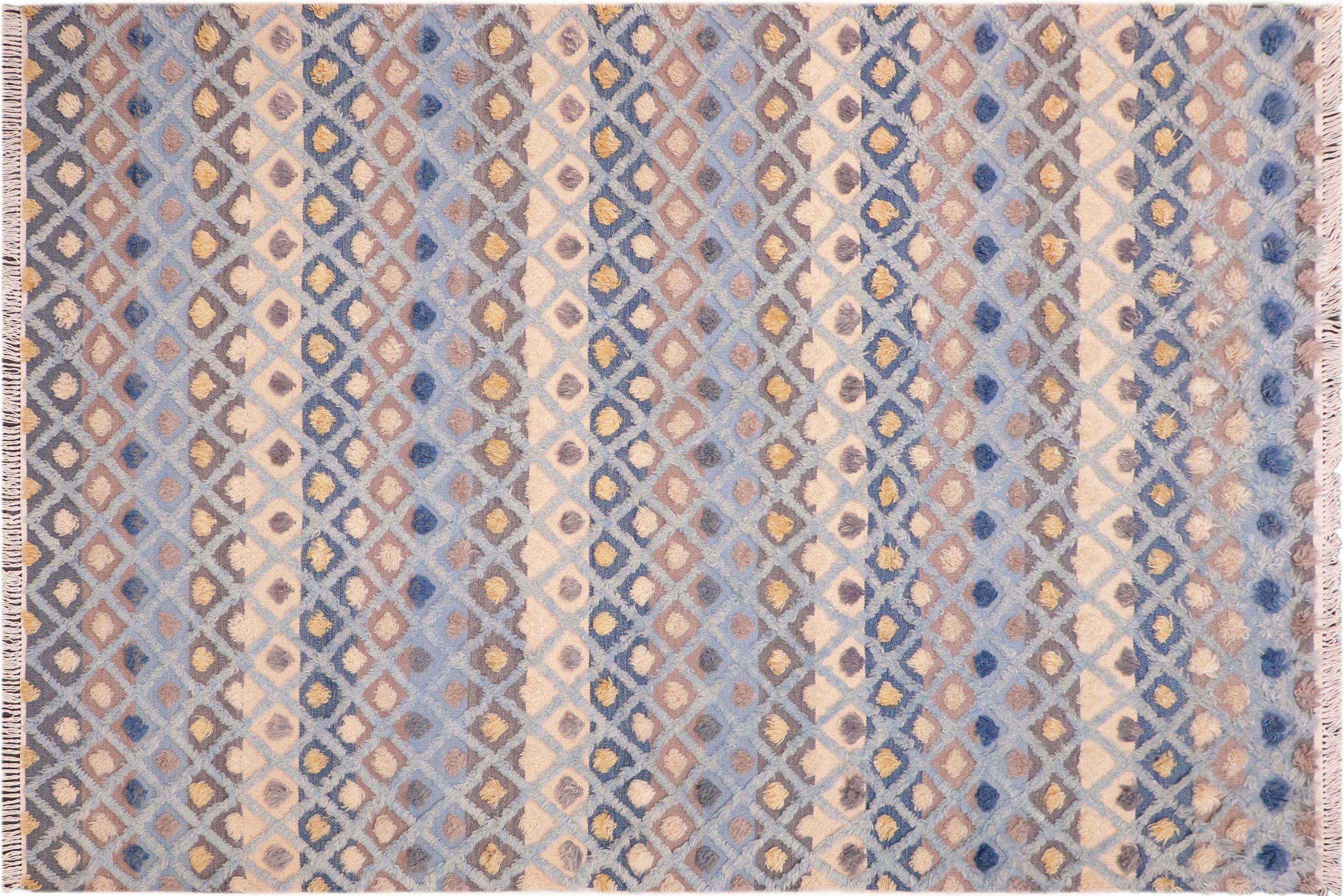 handmade Geometric Moroccan Hi Blue Beige Hand Knotted RECTANGLE 100% WOOL area rug 6' x 9'