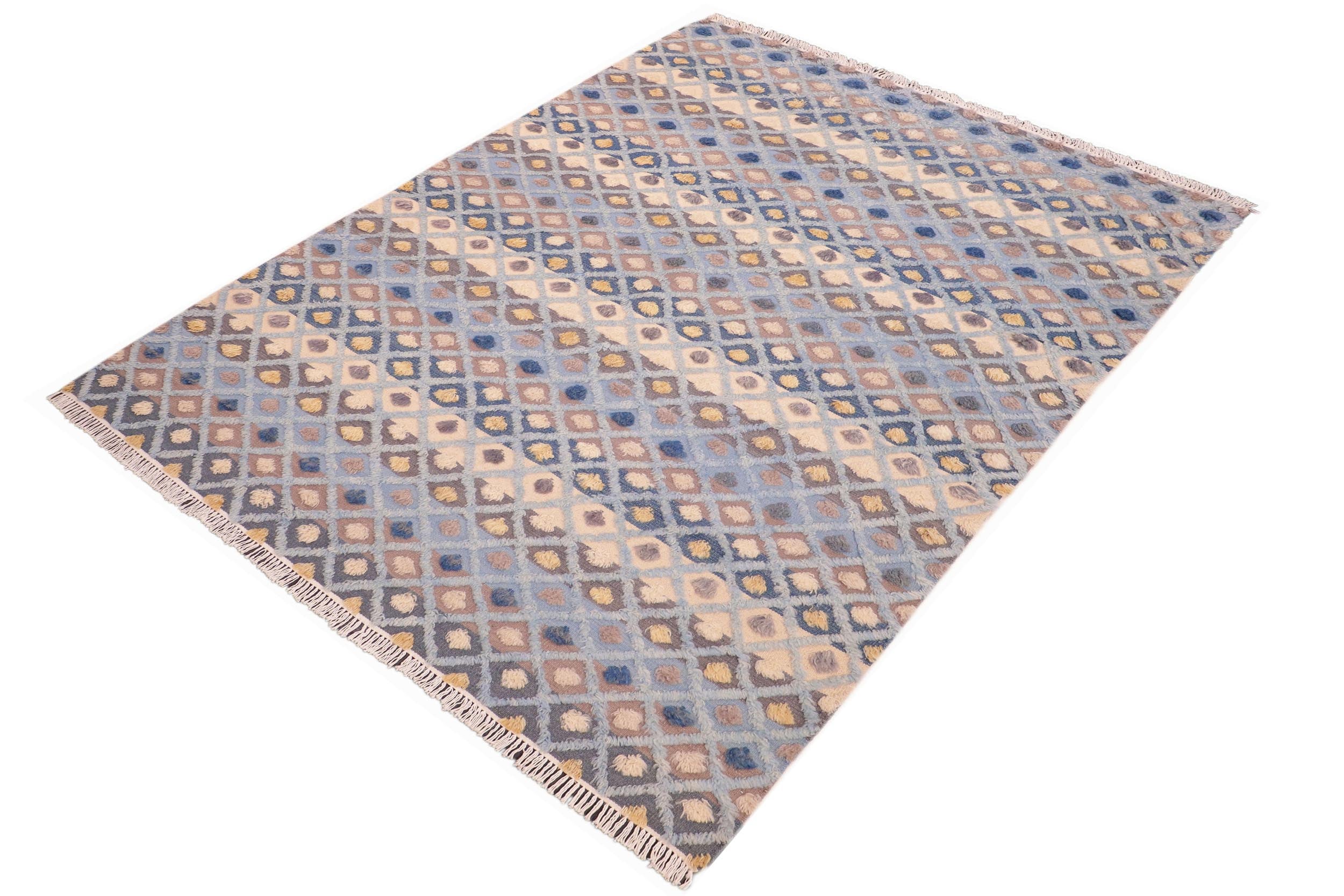 handmade Geometric Moroccan Hi Blue Beige Hand Knotted RECTANGLE 100% WOOL area rug 6' x 9'