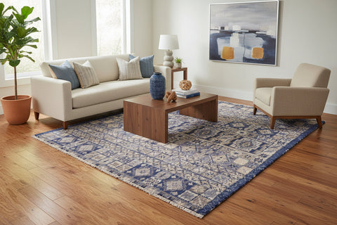 handmade Geometric Moroccan Blue Beige Hand Knotted RECTANGLE 100% WOOL area rug 8' x 10'