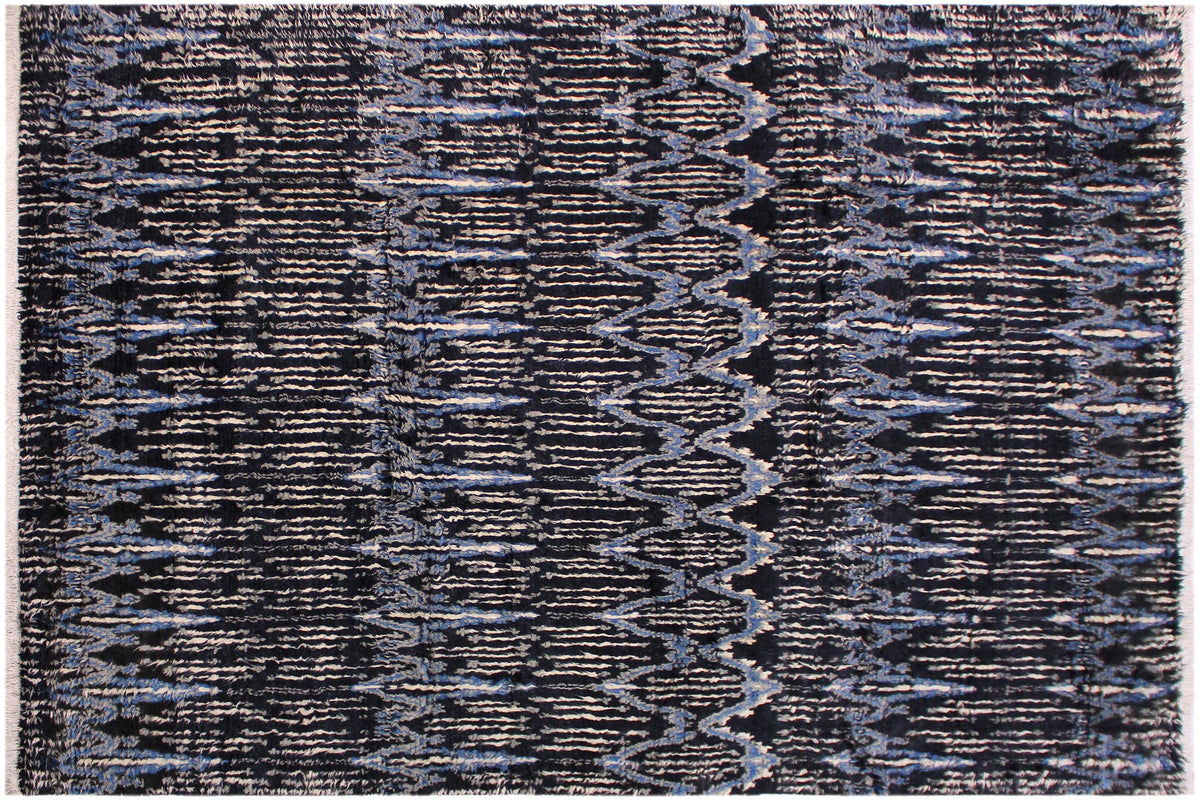 handmade Geometric Moroccan Black Blue Hand Knotted RECTANGLE 100% WOOL area rug 9' x 12'