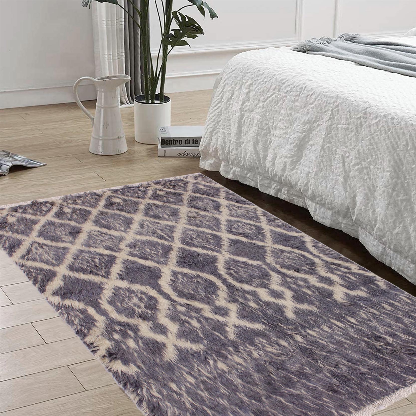 handmade Geometric Moroccan Gray Ivory Hand Knotted RECTANGLE 100% WOOL area rug 4' x 6'