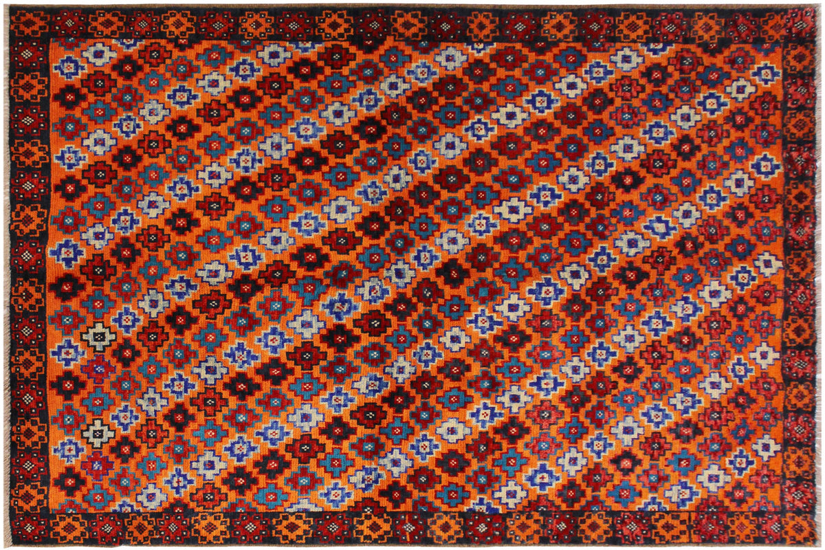 handmade Geometric Balouchi Orange Black Hand Knotted RECTANGLE 100% WOOL area rug 5x7