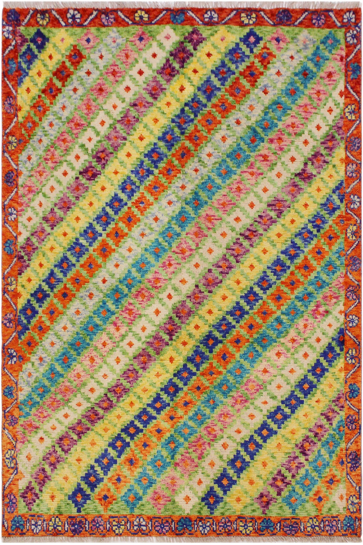 Eclectic Balochi Anjanett Green/Orange Wool Rug - 4'9''X6'6''