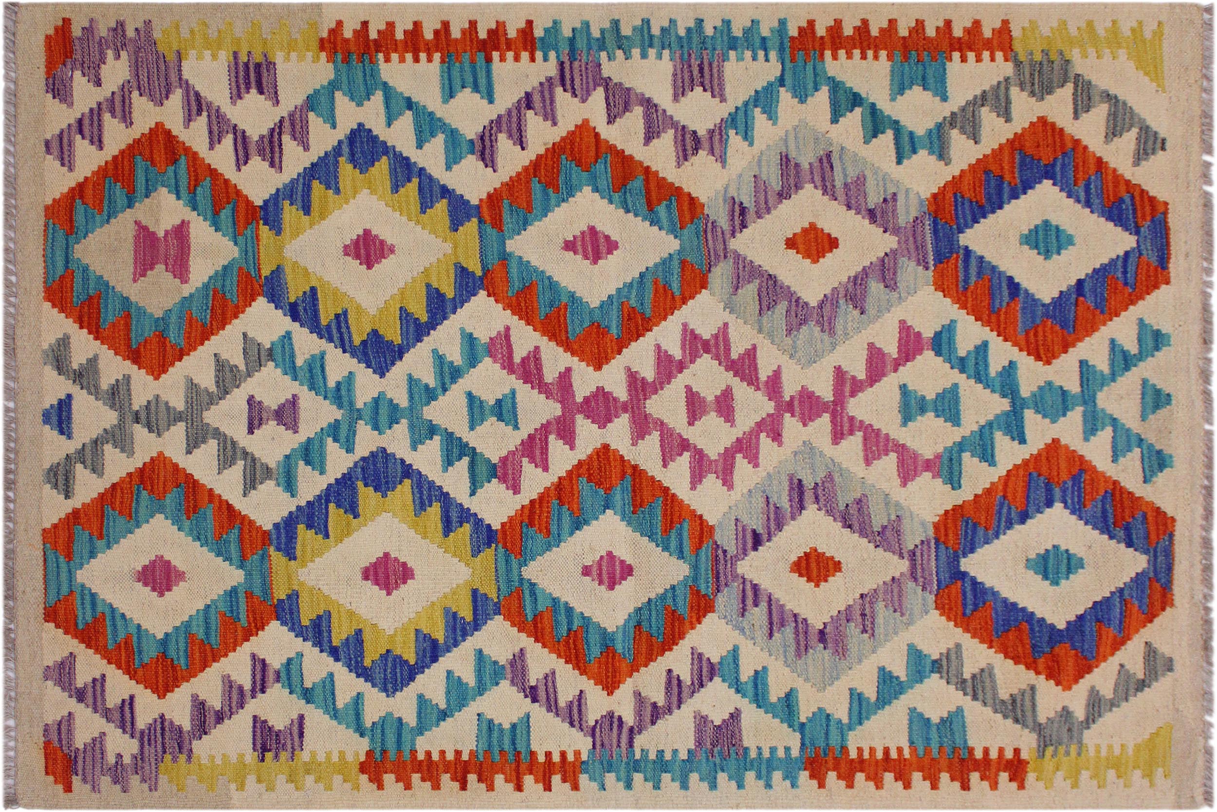 handmade Geometric Kilim Beige Blue Hand-Woven RECTANGLE 100% WOOL area rug 3 x 5