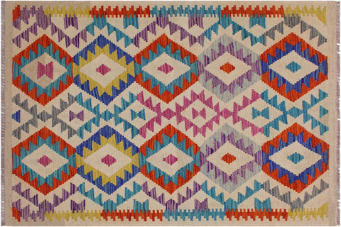 handmade Geometric Kilim Beige Blue Hand-Woven RECTANGLE 100% WOOL area rug 3 x 5
