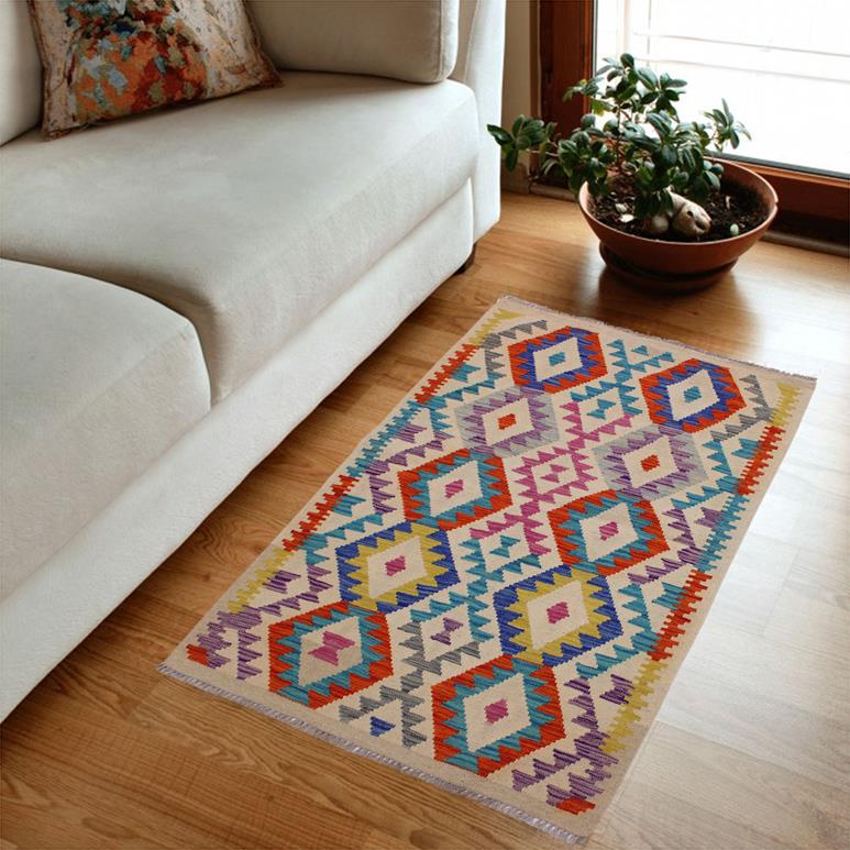 handmade Geometric Kilim Beige Blue Hand-Woven RECTANGLE 100% WOOL area rug 3 x 5