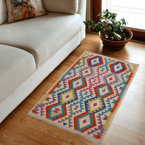 handmade Geometric Kilim Beige Blue Hand-Woven RECTANGLE 100% WOOL area rug 3 x 5