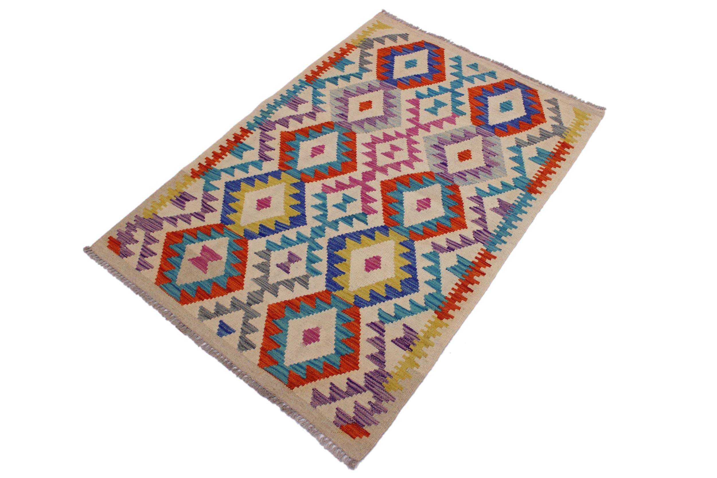 handmade Geometric Kilim Beige Blue Hand-Woven RECTANGLE 100% WOOL area rug 3 x 5