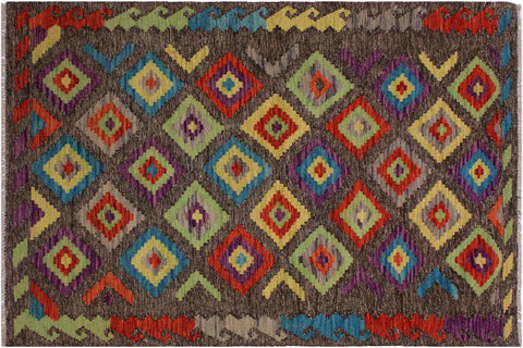 handmade Geometric Kilim Brown Purple Hand-Woven RECTANGLE 100% WOOL area rug 3 x 5