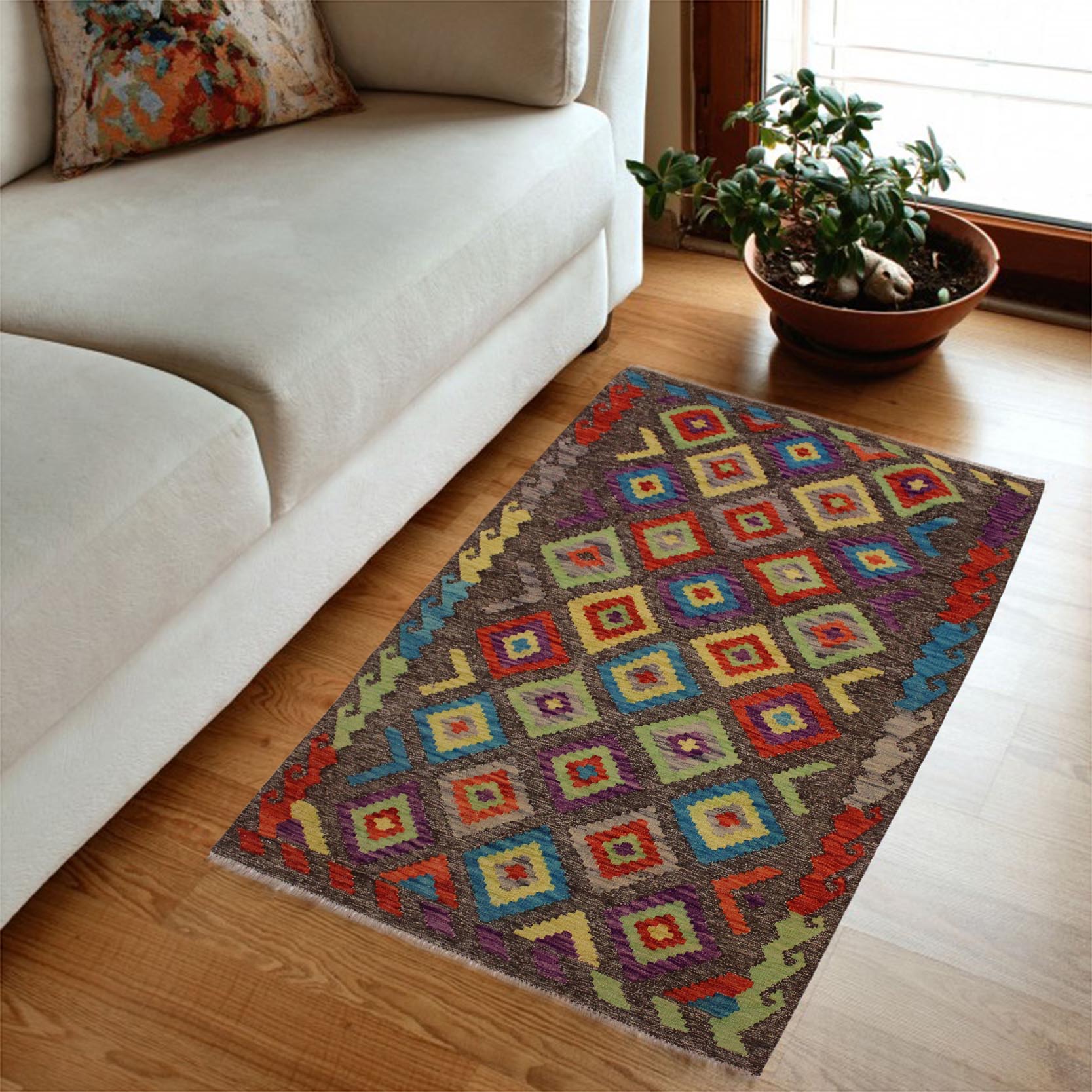 handmade Geometric Kilim Brown Purple Hand-Woven RECTANGLE 100% WOOL area rug 3 x 5