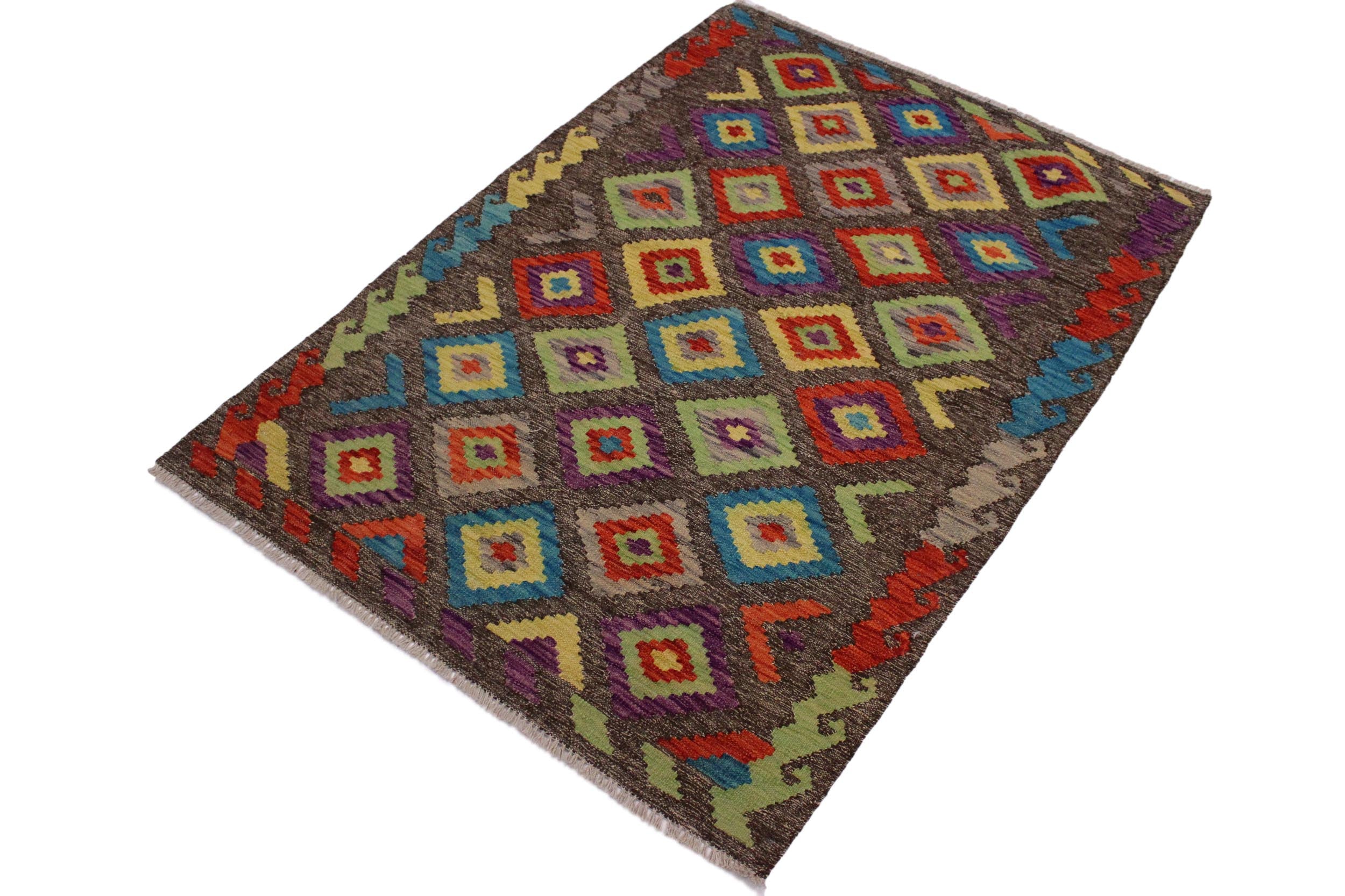 handmade Geometric Kilim Brown Purple Hand-Woven RECTANGLE 100% WOOL area rug 3 x 5