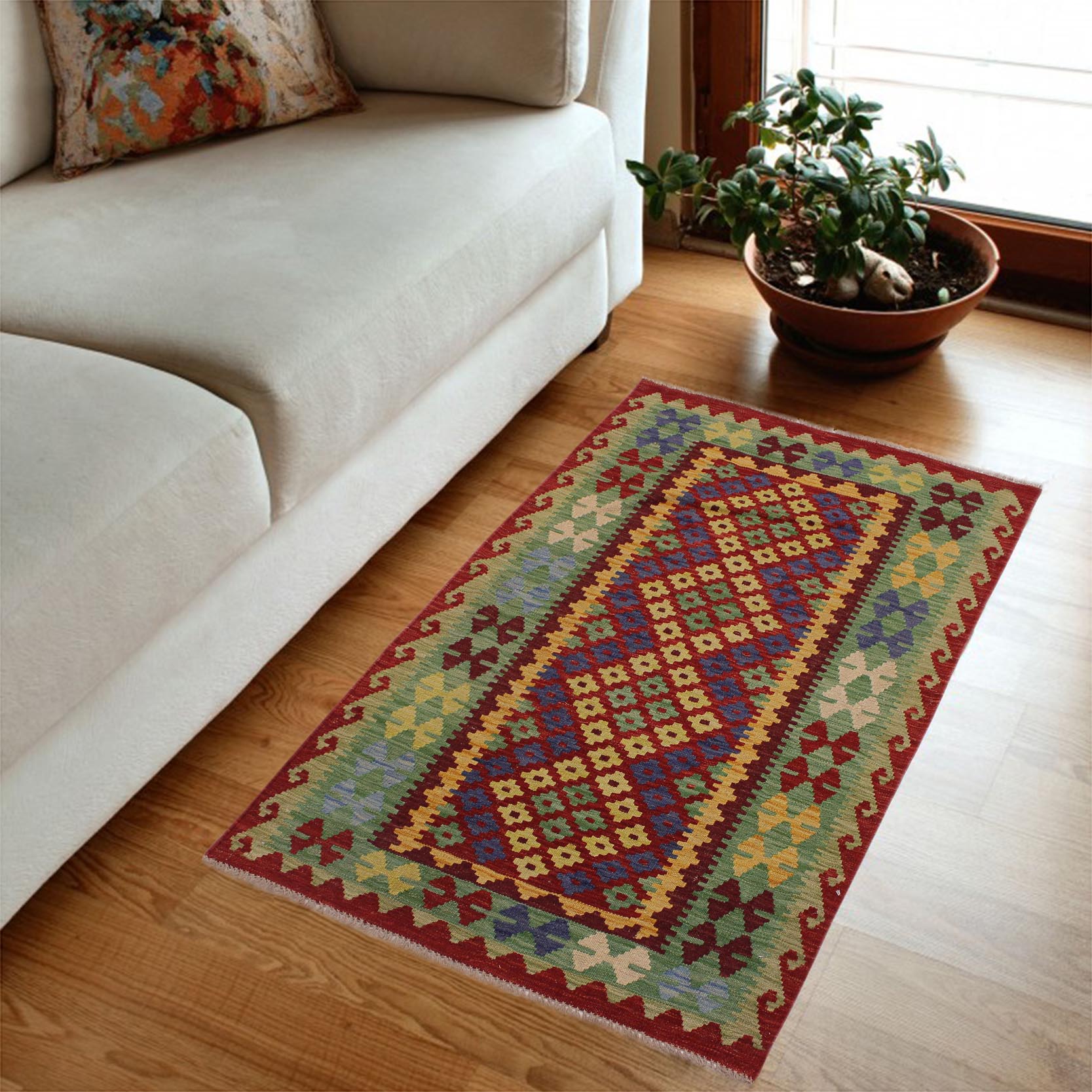 handmade Geometric Kilim Red Gold Hand-Woven RECTANGLE 100% WOOL area rug 3' x 5'