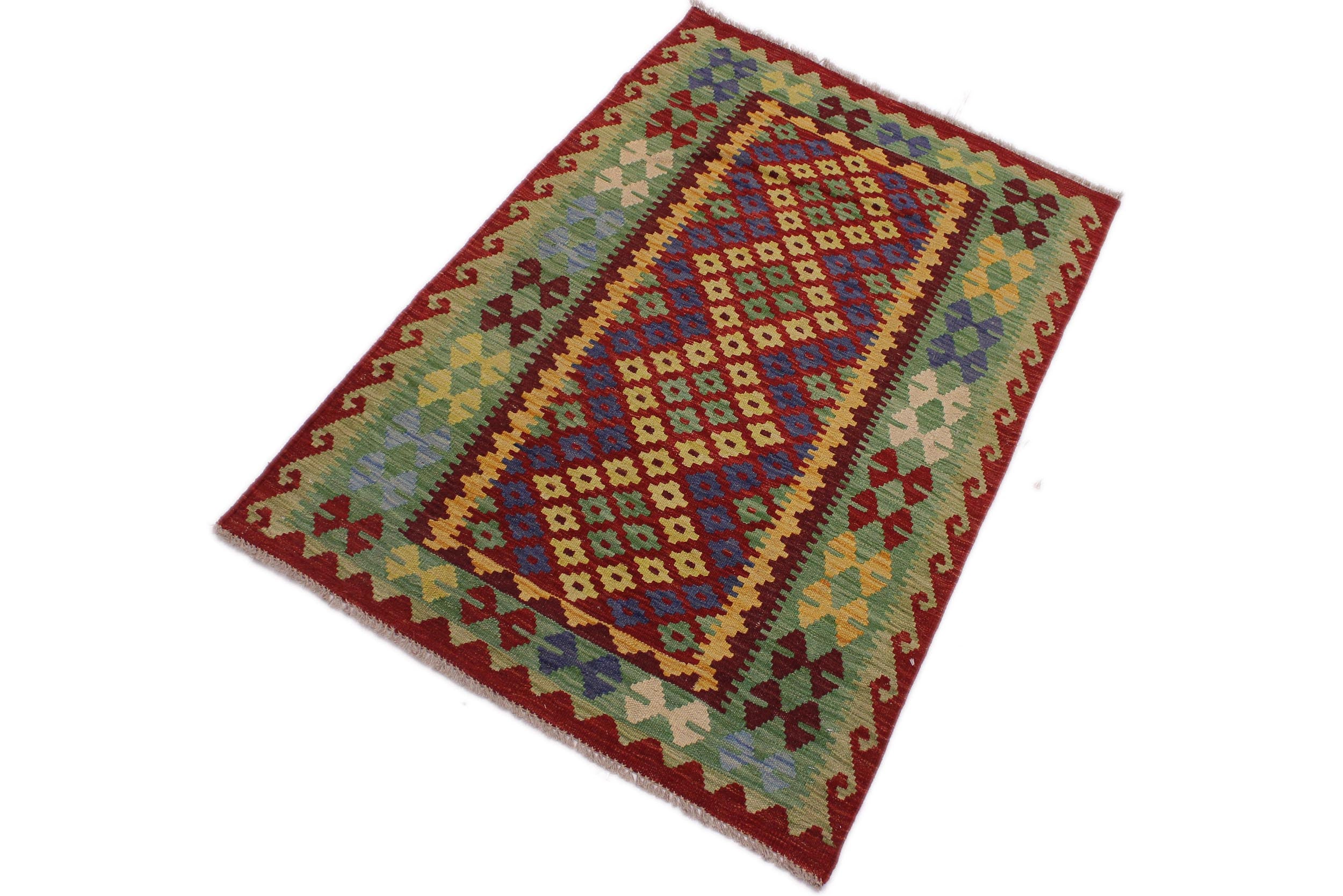 handmade Geometric Kilim Red Gold Hand-Woven RECTANGLE 100% WOOL area rug 3' x 5'