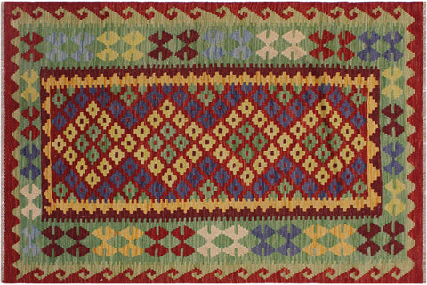 handmade Geometric Kilim Red Gold Hand-Woven RECTANGLE 100% WOOL area rug 3' x 5'