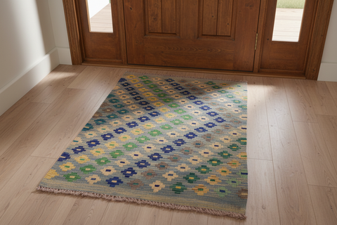 handmade Modern Kilim Blue Gray Hand-Woven RECTANGLE 100% WOOL area rug 3x4