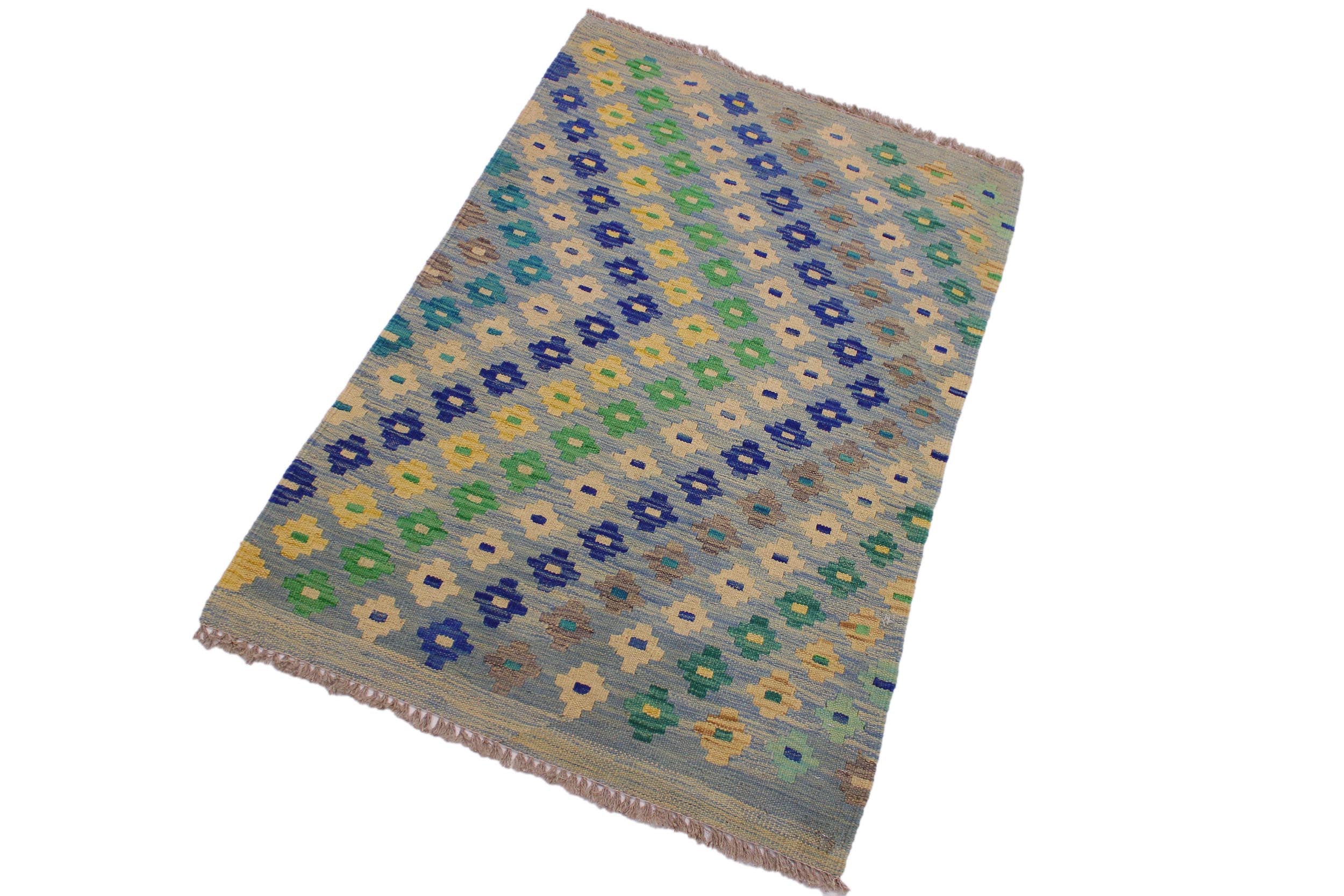 handmade Modern Kilim Blue Gray Hand-Woven RECTANGLE 100% WOOL area rug 3x4