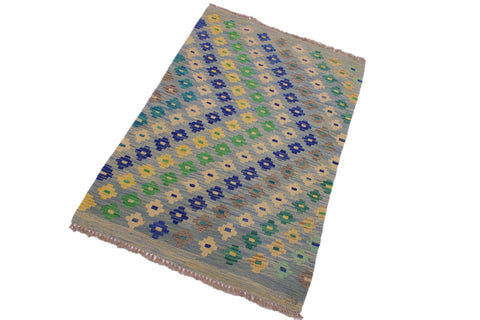 handmade Modern Kilim Blue Gray Hand-Woven RECTANGLE 100% WOOL area rug 3x4