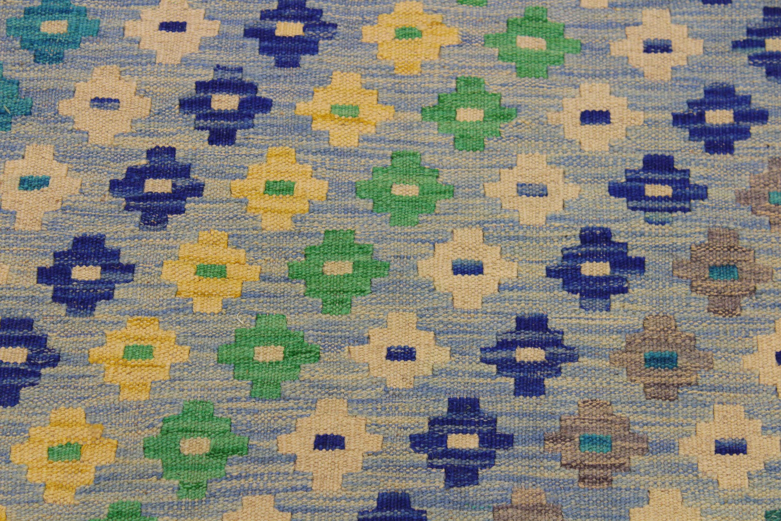 handmade Modern Kilim Blue Gray Hand-Woven RECTANGLE 100% WOOL area rug 3x4