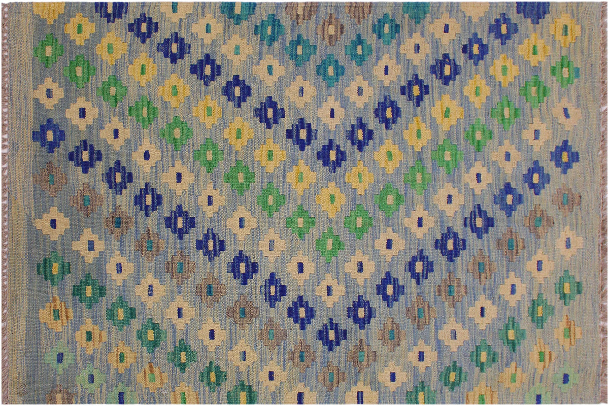 handmade Modern Kilim Blue Gray Hand-Woven RECTANGLE 100% WOOL area rug 3x4