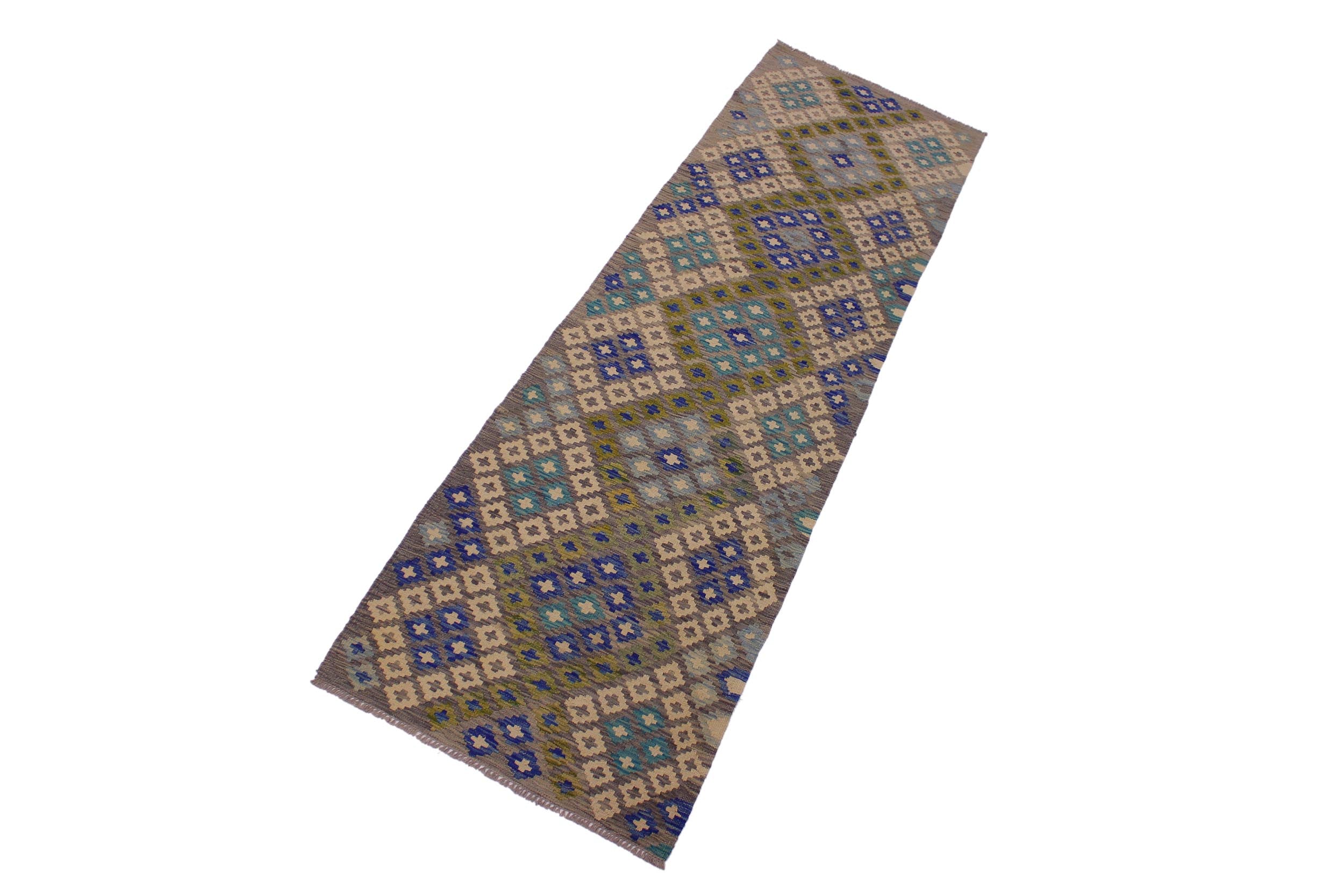 handmade Geometric Kilim Gray Blue Hand-Woven RUNNER 100% WOOL area rug 3 x 10