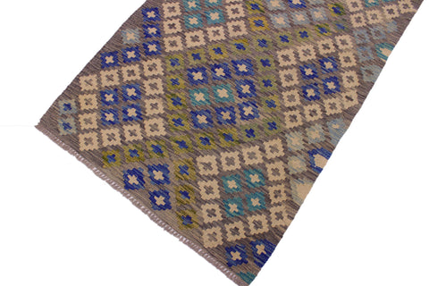handmade Geometric Kilim Gray Blue Hand-Woven RUNNER 100% WOOL area rug 3 x 10