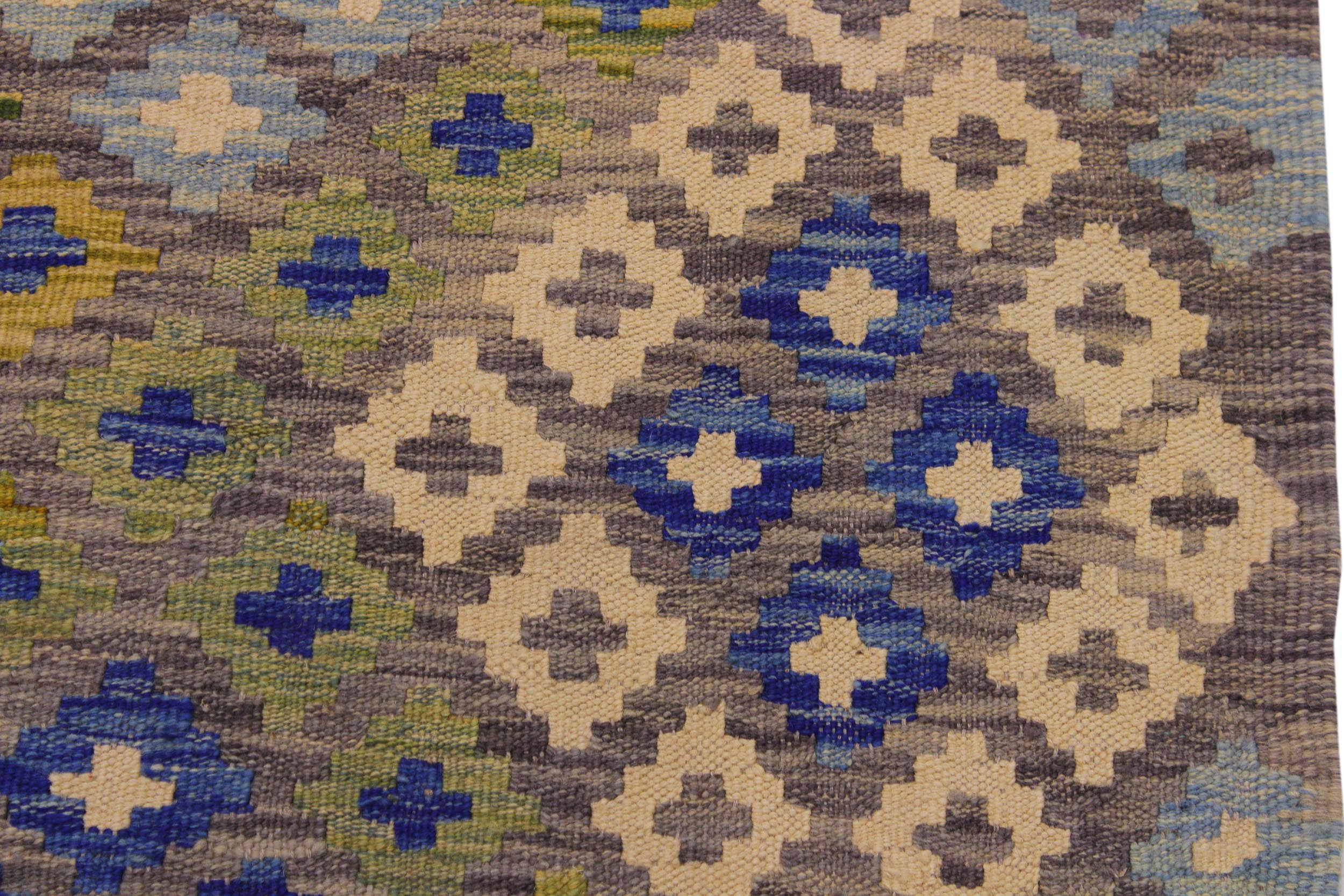 handmade Geometric Kilim Gray Blue Hand-Woven RUNNER 100% WOOL area rug 3 x 10