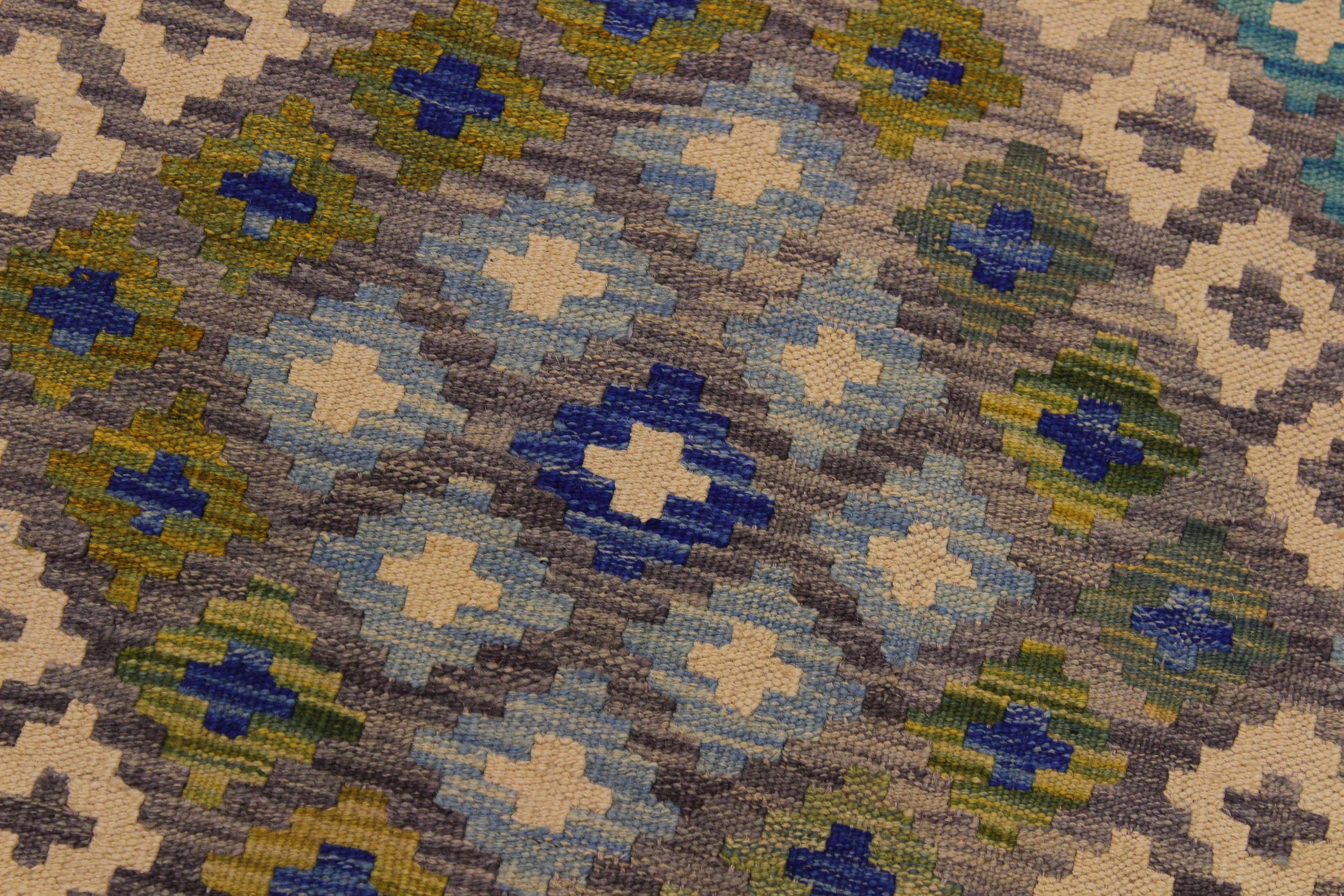 handmade Geometric Kilim Gray Blue Hand-Woven RUNNER 100% WOOL area rug 3 x 10