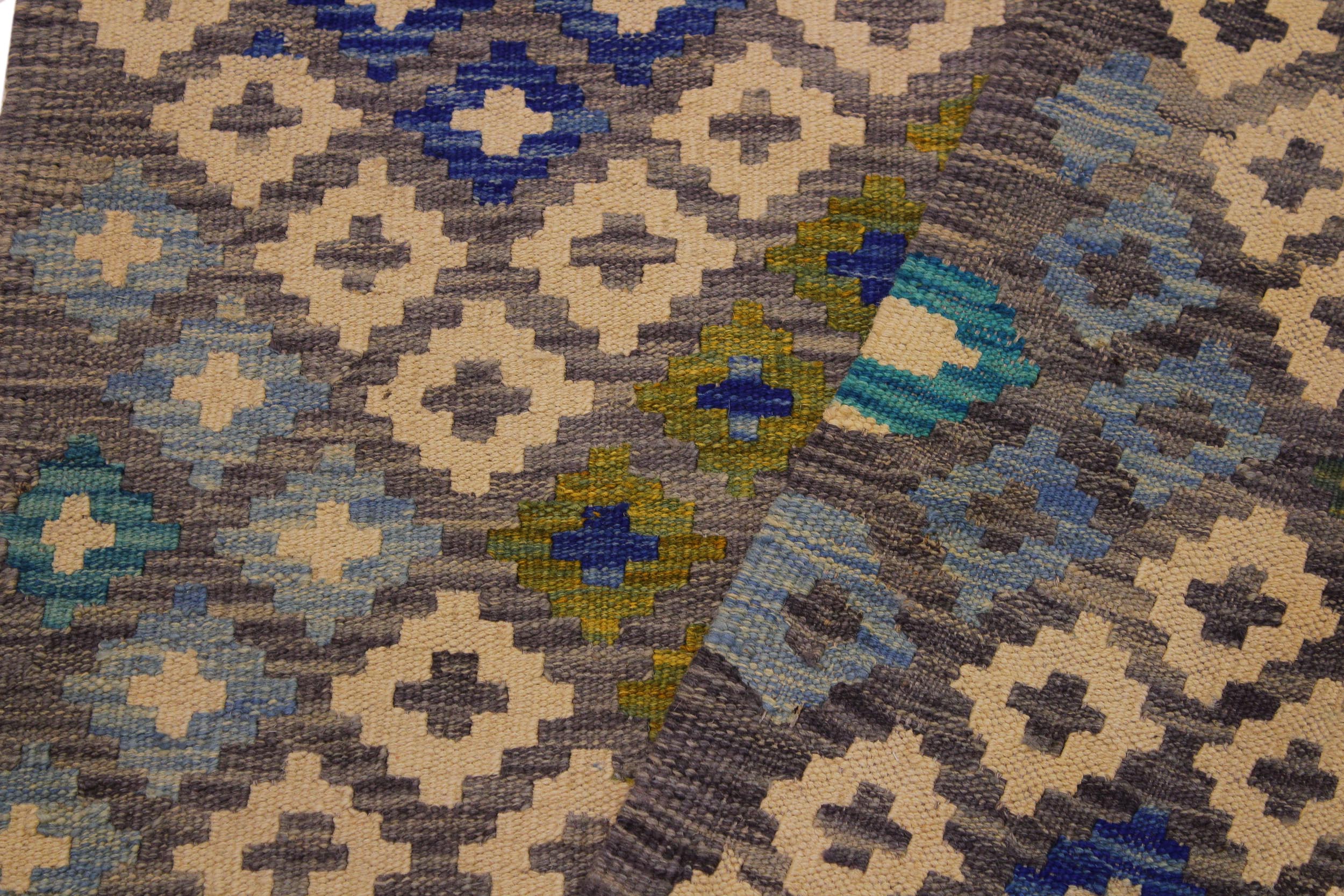 handmade Geometric Kilim Gray Blue Hand-Woven RUNNER 100% WOOL area rug 3 x 10