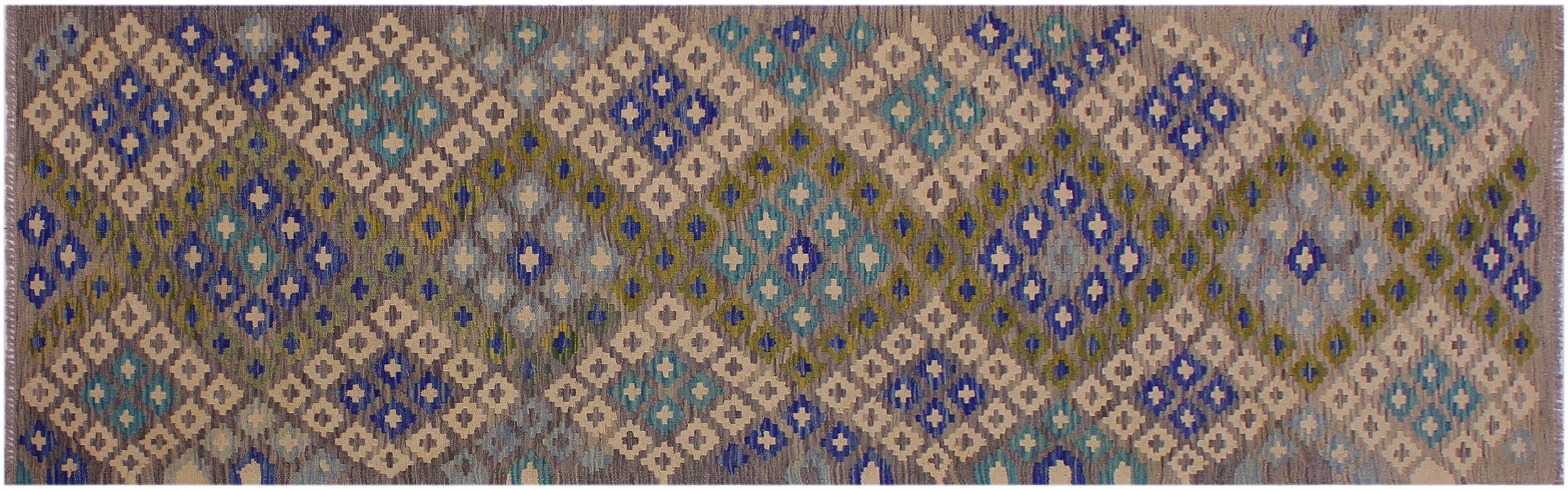 handmade Geometric Kilim Gray Blue Hand-Woven RUNNER 100% WOOL area rug 3 x 10