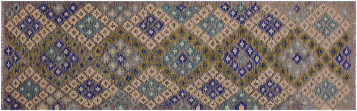 handmade Geometric Kilim Gray Blue Hand-Woven RUNNER 100% WOOL area rug 3 x 10
