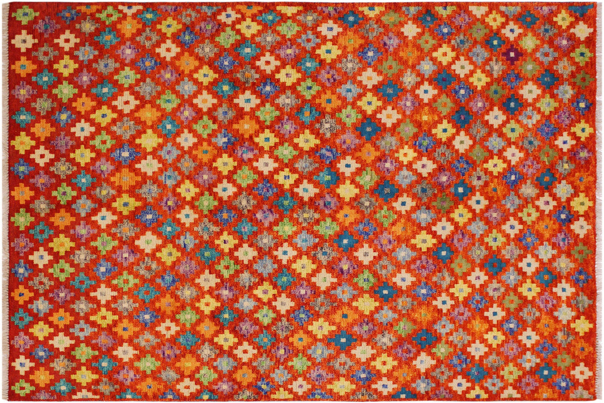 handmade Modern Balouchi Orange Green Hand Knotted RECTANGLE 100% WOOL area rug 5x7