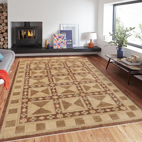 handmade Modern Kafkaz Brown Beige Hand Knotted RECTANGLE 100% WOOL area rug 9' x 11'