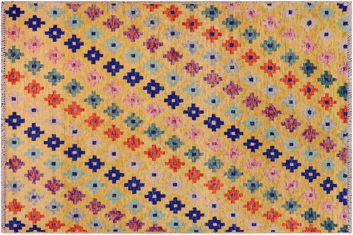 handmade Modern Balouchi Gold Blue Hand Knotted RECTANGLE 100% WOOL area rug 4x5